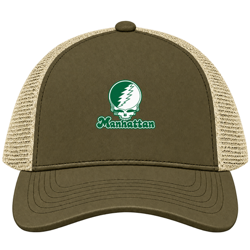 Manhattan Stealie Premium Unisex Trucker Cap — Design: Manhattan College — Moss/Khaki