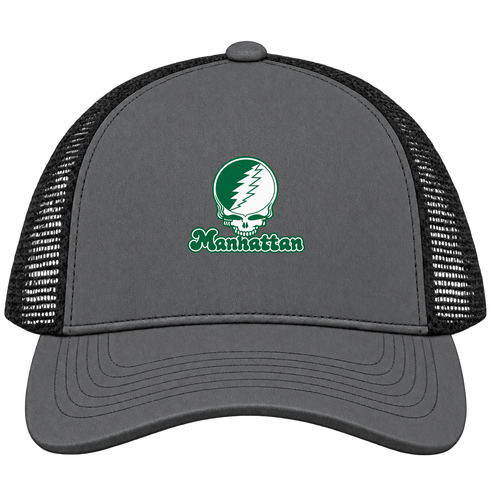 Manhattan Stealie Premium Unisex Trucker Cap — Design: Manhattan College — Charcoal/Black