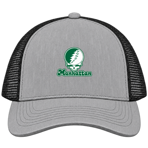 Manhattan Stealie Premium Unisex Trucker Cap — Design: Manhattan College — Heather Grey/Black