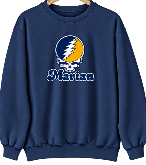 Marian Stealie Premium Unisex Crewneck — Design: Marian University — Navy