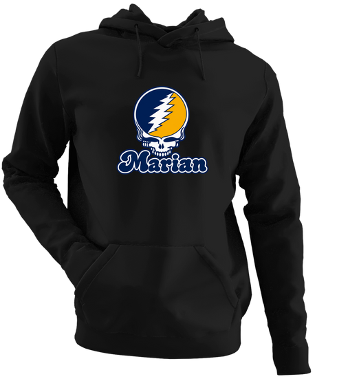 Marian Stealie Premium Unisex Hoodie — Design: Marian University — Black