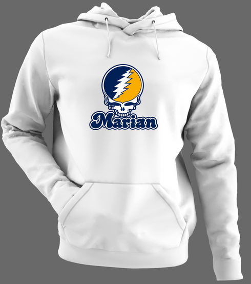 Marian Stealie Premium Unisex Hoodie — Design: Marian University — White/Grey