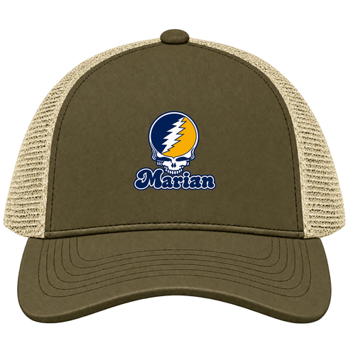 Marian Stealie Premium Unisex Trucker Cap — Design: Marian University — Moss/Khaki