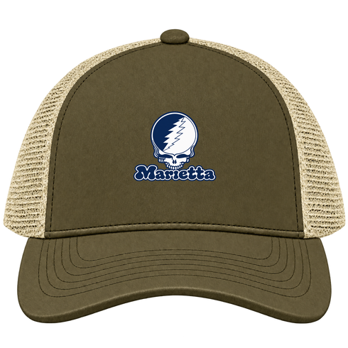Marietta Stealie Premium Unisex Trucker Cap — Design: Marietta College — Moss/Khaki