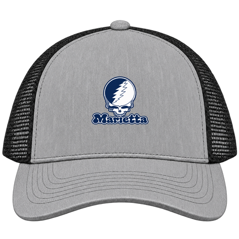 Marietta Stealie Premium Unisex Trucker Cap — Design: Marietta College — Heather Grey/Black