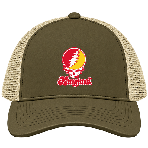 Maryland Stealie Premium Unisex Trucker Cap — Design: Maryland University of — Moss/Khaki