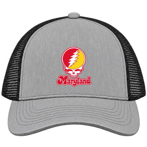 Maryland Stealie Premium Unisex Trucker Cap — Design: Maryland University of — Heather Grey/Black