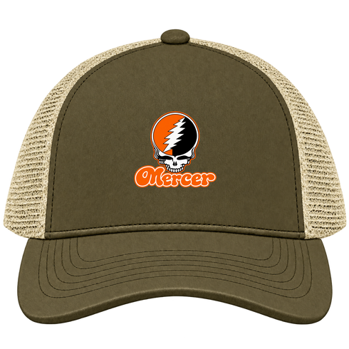 Mercer Stealie Premium Unisex Trucker Cap — Design: Mercer University — Moss/Khaki