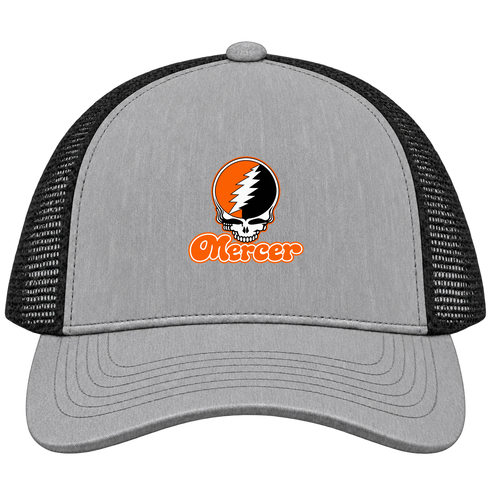 Mercer Stealie Premium Unisex Trucker Cap — Design: Mercer University — Heather Grey/Black
