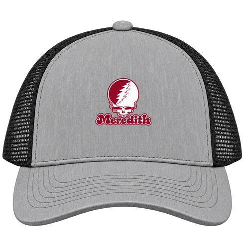 Meredith Stealie Premium Unisex Trucker Cap — Design: Meredith College — Heather Grey/Black