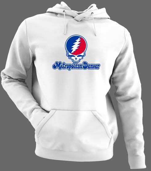 Metropolitan Denver Stealie Premium Unisex Hoodie — Design: Metropolitan State University of Denver — White/Grey