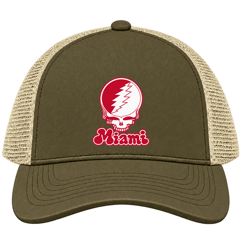 Miami Stealie Premium Unisex Trucker Cap — Design: Miami University — Moss/Khaki