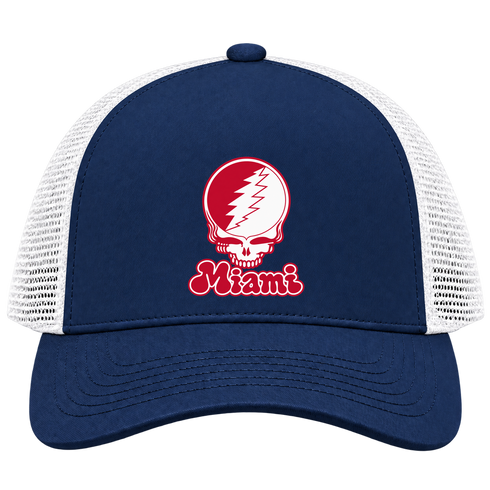 Miami Stealie Premium Unisex Trucker Cap — Design: Miami University — Navy/White