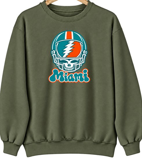 Miami Helmet Stealie Premium Unisex Crewneck — Miami Dolphins — Military Green