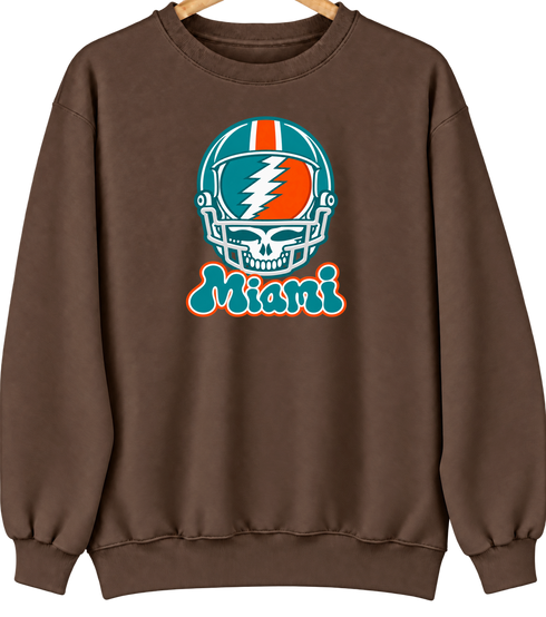 Miami Helmet Stealie Premium Unisex Crewneck — Miami Dolphins — Brown