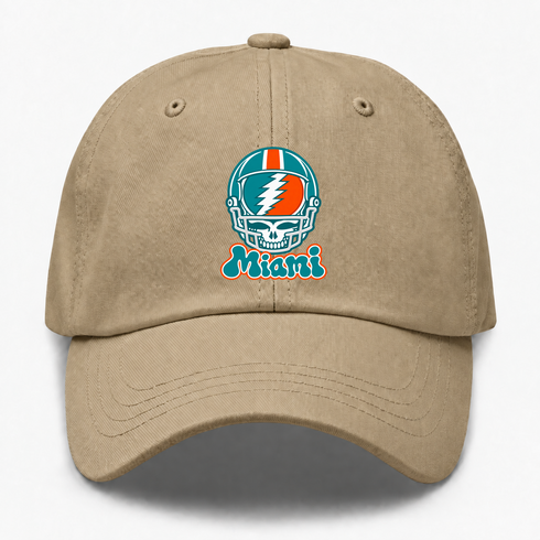 Miami Helmet Stealie Premium Unisex Dad Hat — Miami Dolphins — Khaki