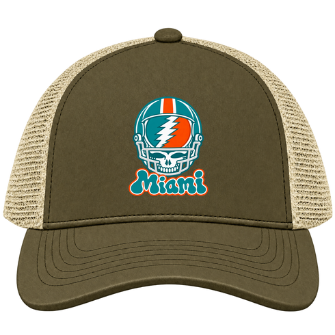 Miami Helmet Stealie Premium Unisex Trucker Cap — Miami Dolphins — Moss/Khaki