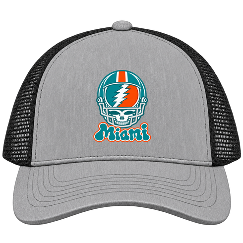 Miami Helmet Stealie Premium Unisex Trucker Cap — Miami Dolphins — Heather Grey/Black