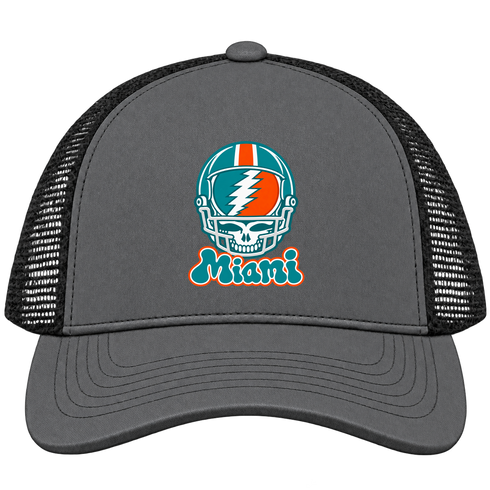 Miami Helmet Stealie Premium Unisex Trucker Cap — Miami Dolphins — Charcoal/Black