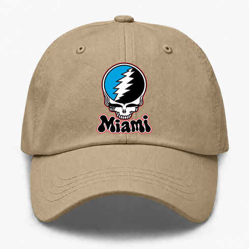 Miami Baseball Stealie Grateful Dead Dad Hat — Miami Marlins — Khaki