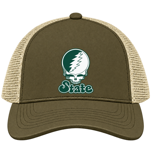 Michigan Stealie Premium Unisex Trucker Cap — Design: Michigan State University — Moss/Khaki