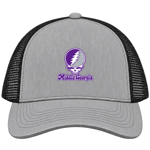 Middle Georgia Stealie Premium Unisex Trucker Cap — Design: Middle Georgia State University — Heather Grey/Black