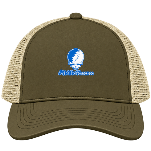 Middle Tennessee Stealie Premium Unisex Trucker Cap — Design: Middle Tennessee State University — Moss/Khaki