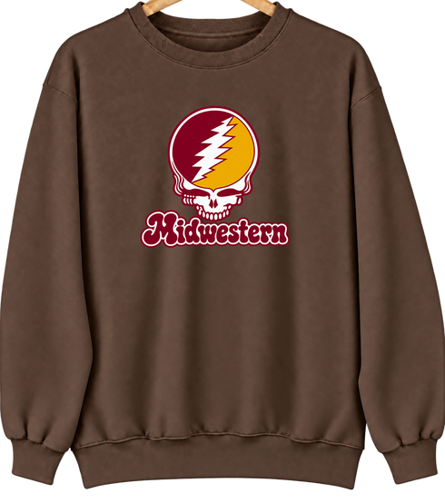 Midwestern Stealie Premium Unisex Crewneck — Design: Midwestern State University — Brown