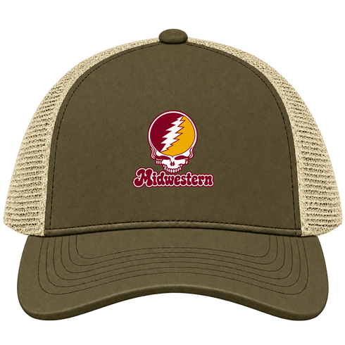 Midwestern Stealie Premium Unisex Trucker Cap — Design: Midwestern State University — Moss/Khaki