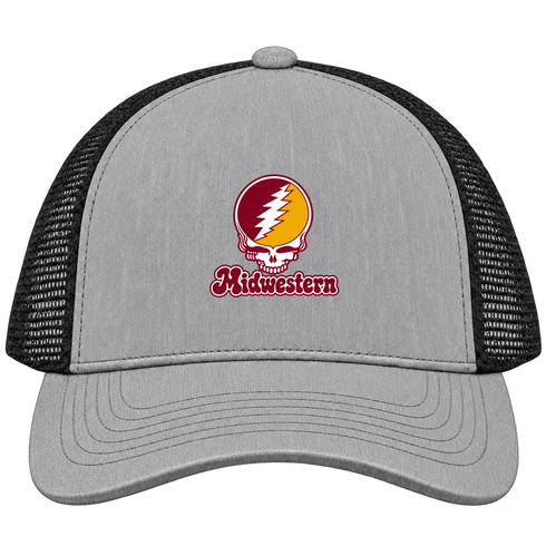 Midwestern Stealie Premium Unisex Trucker Cap — Design: Midwestern State University — Heather Grey/Black