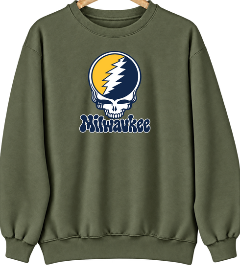 Milwaukee Baseball Stealie Grateful Dead Crewneck — Milwaukee Brewers — Military Green