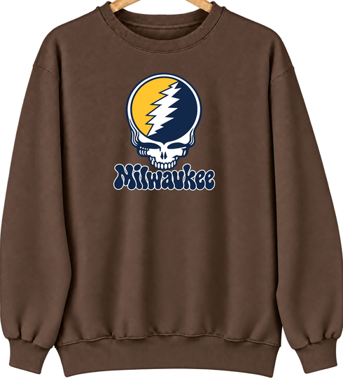 Milwaukee Baseball Stealie Grateful Dead Crewneck — Milwaukee Brewers — Brown