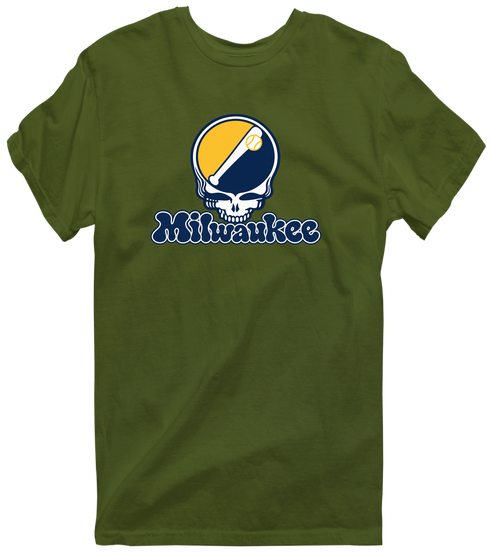 Milwaukee Baseball Stealie Grateful Dead T-Shirt — Milwaukee Brewers — Military Green