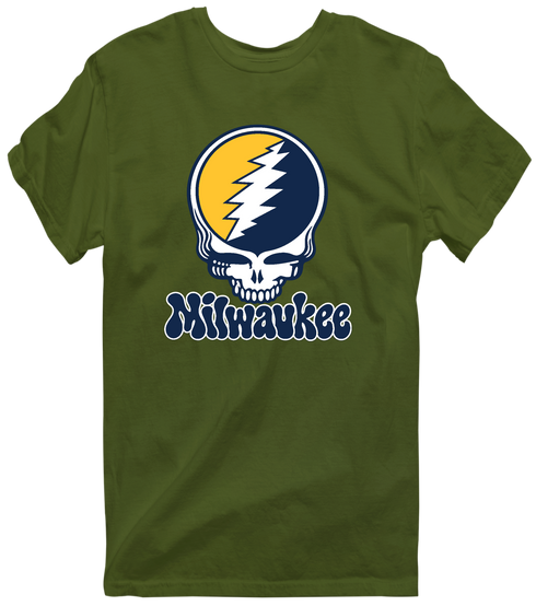 Milwaukee Baseball Stealie Grateful Dead T-Shirt — Milwaukee Brewers — Military Green