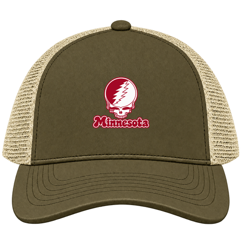 Minnesota Stealie Premium Unisex Trucker Cap — Design: Minnesota State University Moorhead — Moss/Khaki