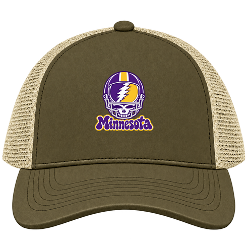 Minnesota Helmet Stealie Premium Unisex Trucker Cap — Minnesota Vikings — Moss/Khaki