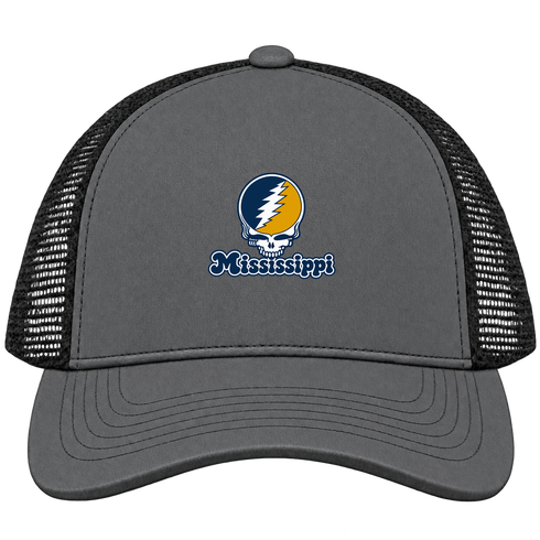 Mississippi Stealie Premium Unisex Trucker Cap — Design: Mississippi College — Charcoal/Black