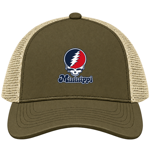 Mississippi Stealie Premium Unisex Trucker Cap — Design: Mississippi University of — Moss/Khaki