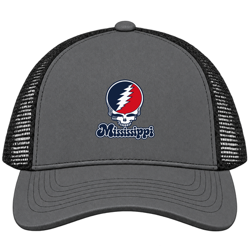 Mississippi Stealie Premium Unisex Trucker Cap — Design: Mississippi University of — Charcoal/Black