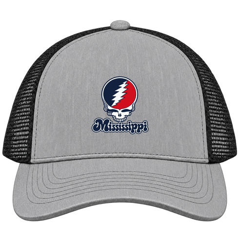 Mississippi Stealie Premium Unisex Trucker Cap — Design: Mississippi University of — Heather Grey/Black