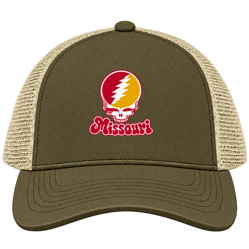 Missouri Stealie Premium Unisex Trucker Cap — Design: Missouri-St. Louis University of — Moss/Khaki
