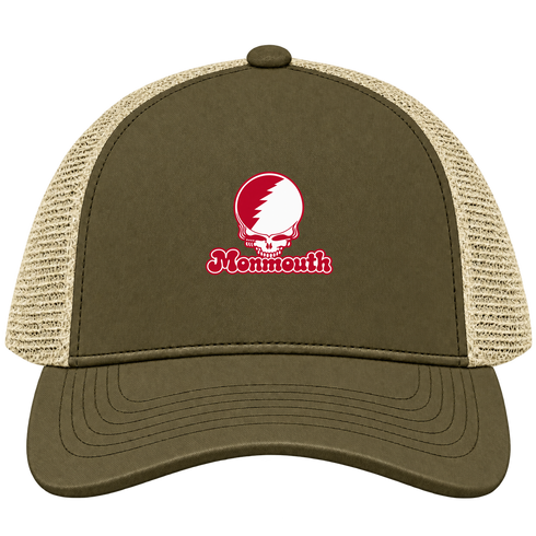 Monmouth Stealie Premium Unisex Trucker Cap — Design: Monmouth College — Moss/Khaki