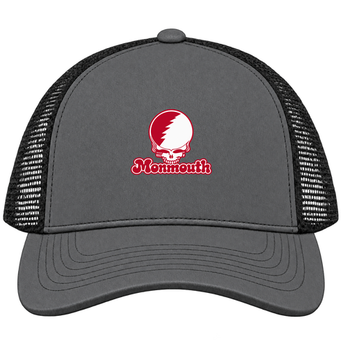 Monmouth Stealie Premium Unisex Trucker Cap — Design: Monmouth College — Charcoal/Black
