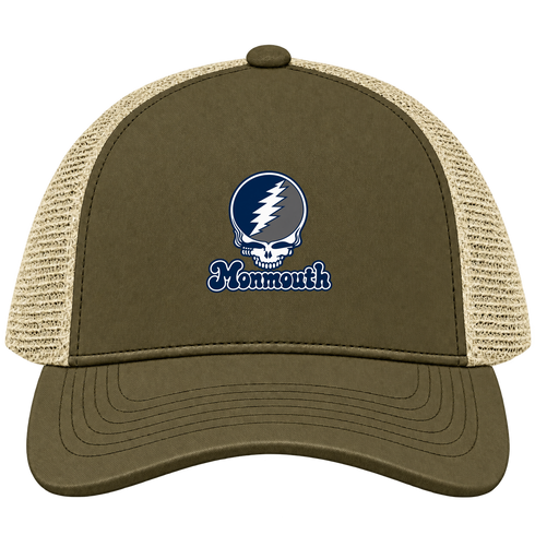 Monmouth Stealie Premium Unisex Trucker Cap — Design: Monmouth University — Moss/Khaki