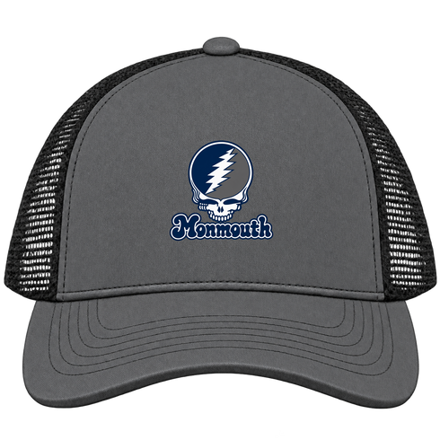 Monmouth Stealie Premium Unisex Trucker Cap — Design: Monmouth University — Charcoal/Black