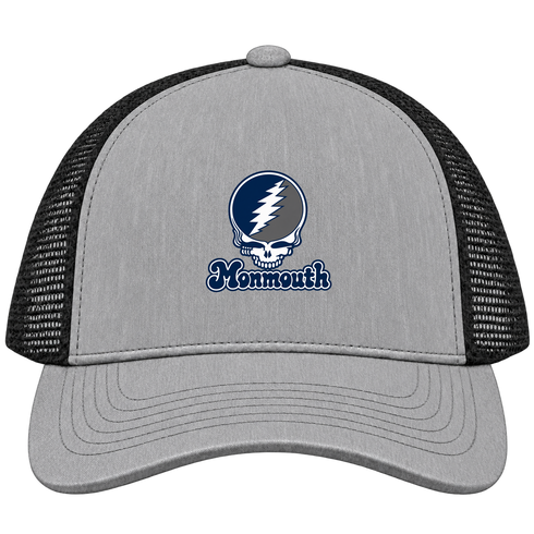 Monmouth Stealie Premium Unisex Trucker Cap — Design: Monmouth University — Heather Grey/Black