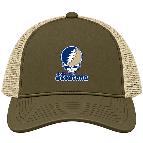 Montana Stealie Premium Unisex Trucker Cap — Design: Montana State University — Moss/Khaki