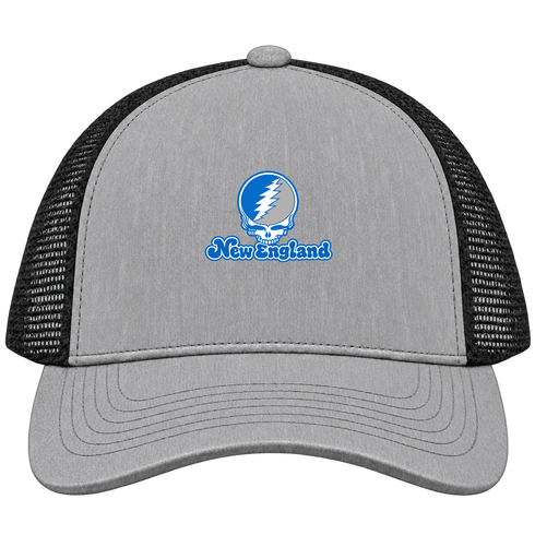 New England Stealie Premium Unisex Trucker Cap — Design: New England University of — Heather Grey/Black