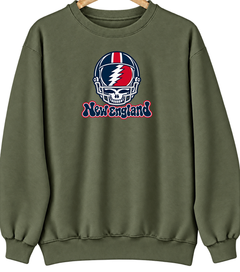 New England Helmet Stealie Premium Unisex Crewneck — New England Patriots — Military Green