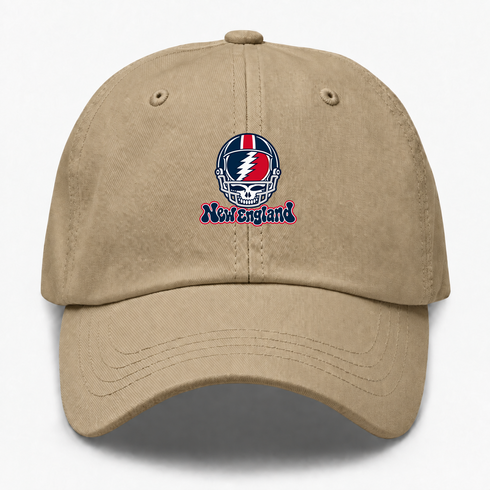 New England Helmet Stealie Premium Unisex Dad Hat — New England Patriots — Khaki